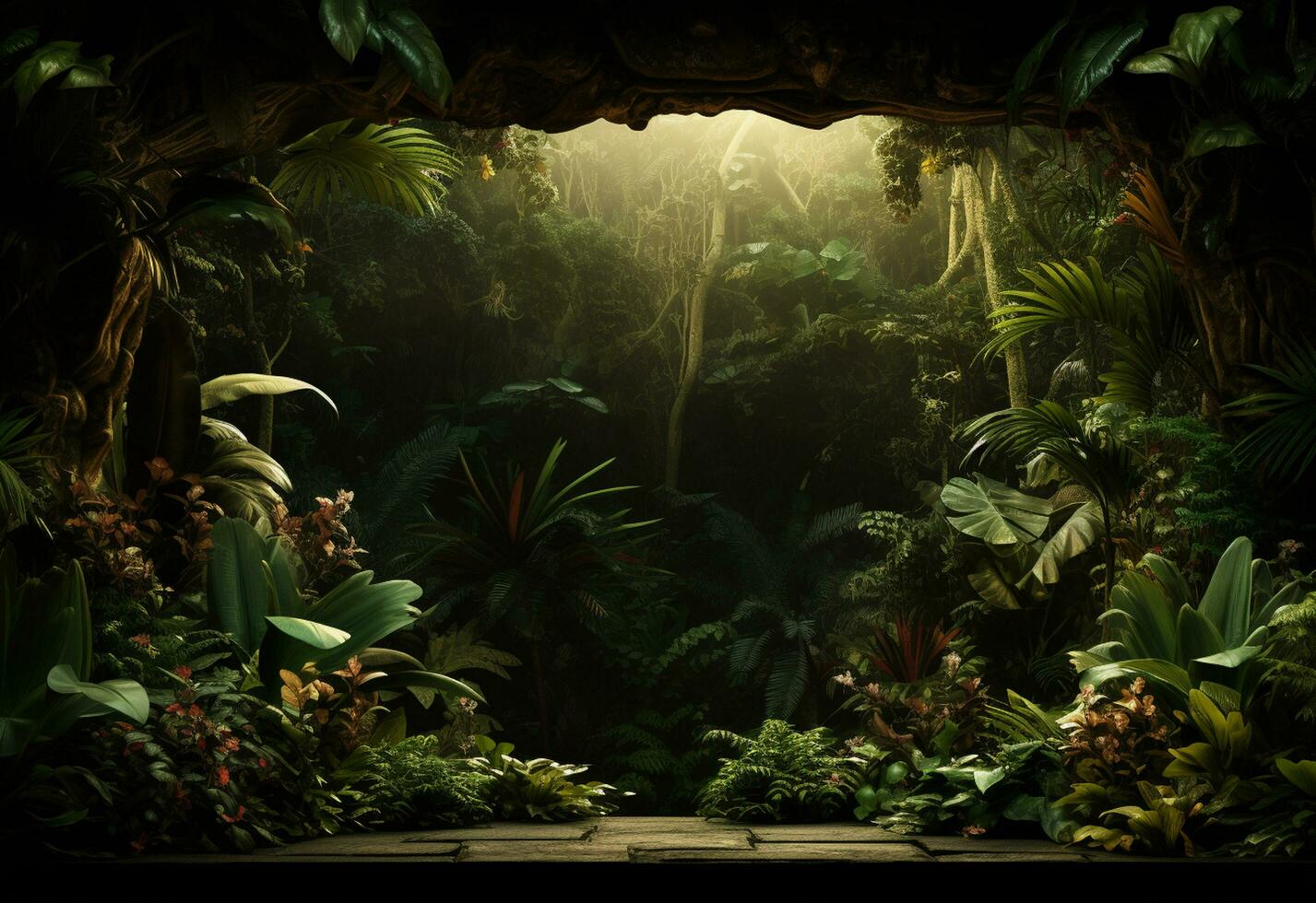 ai génératif magnifique jungle Contexte avec frontière fabriqué de tropical feuilles toile de fond avec copie espace photo