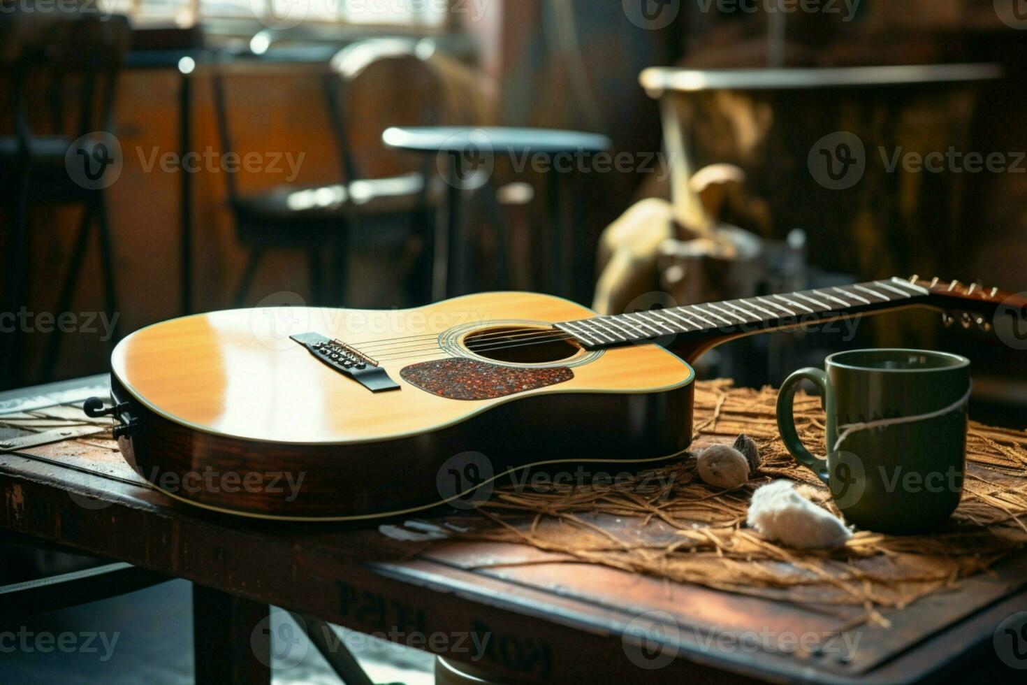 une vacant espace résonne avec le écho de un sans surveillance acoustique guitare. ai généré photo