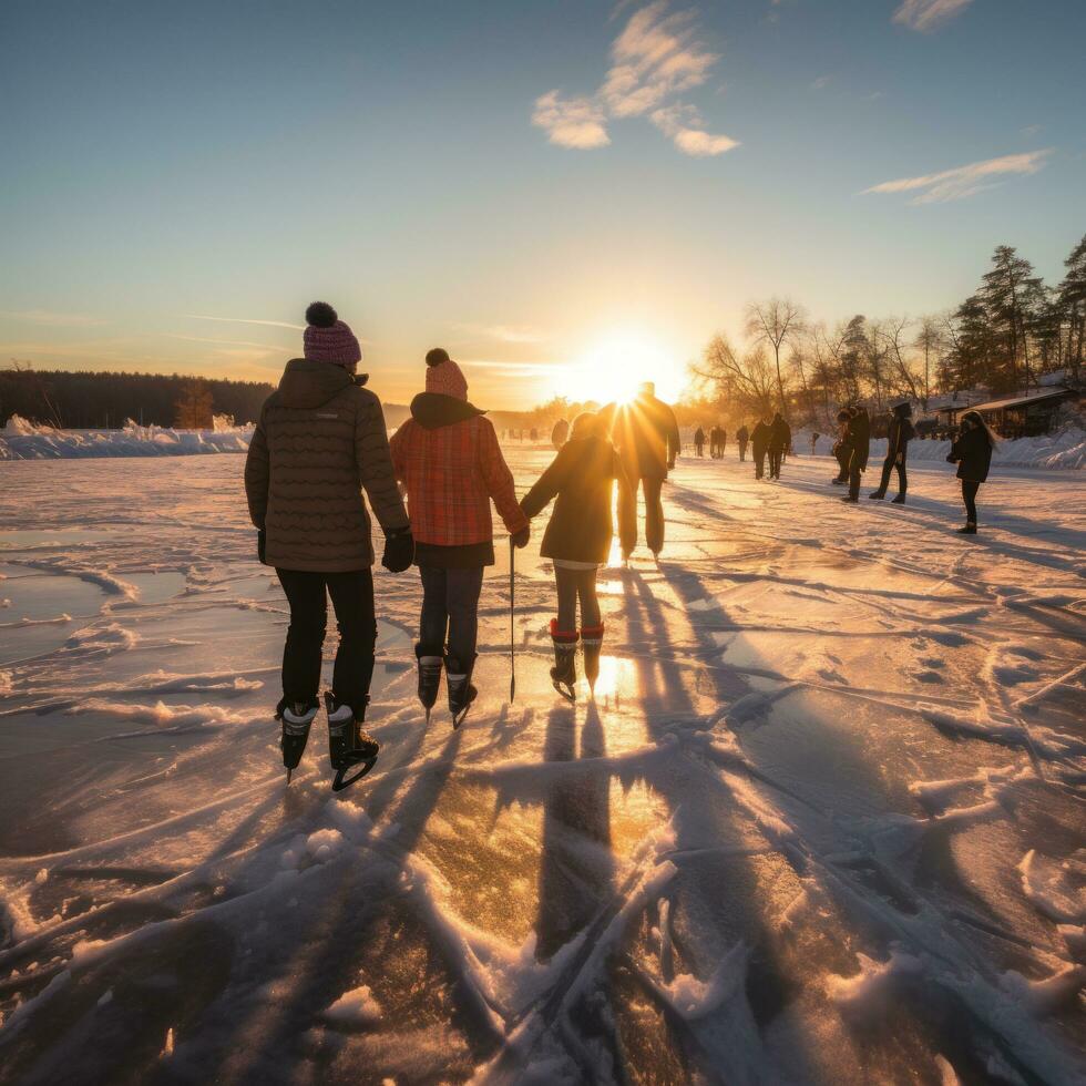 groupe de gens la glace patinage sur congelé Lac photo