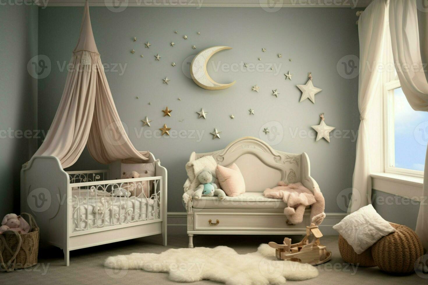 créer une capricieux enfants pièce avec une velours garderie lit bébé pur enchantement ai généré photo