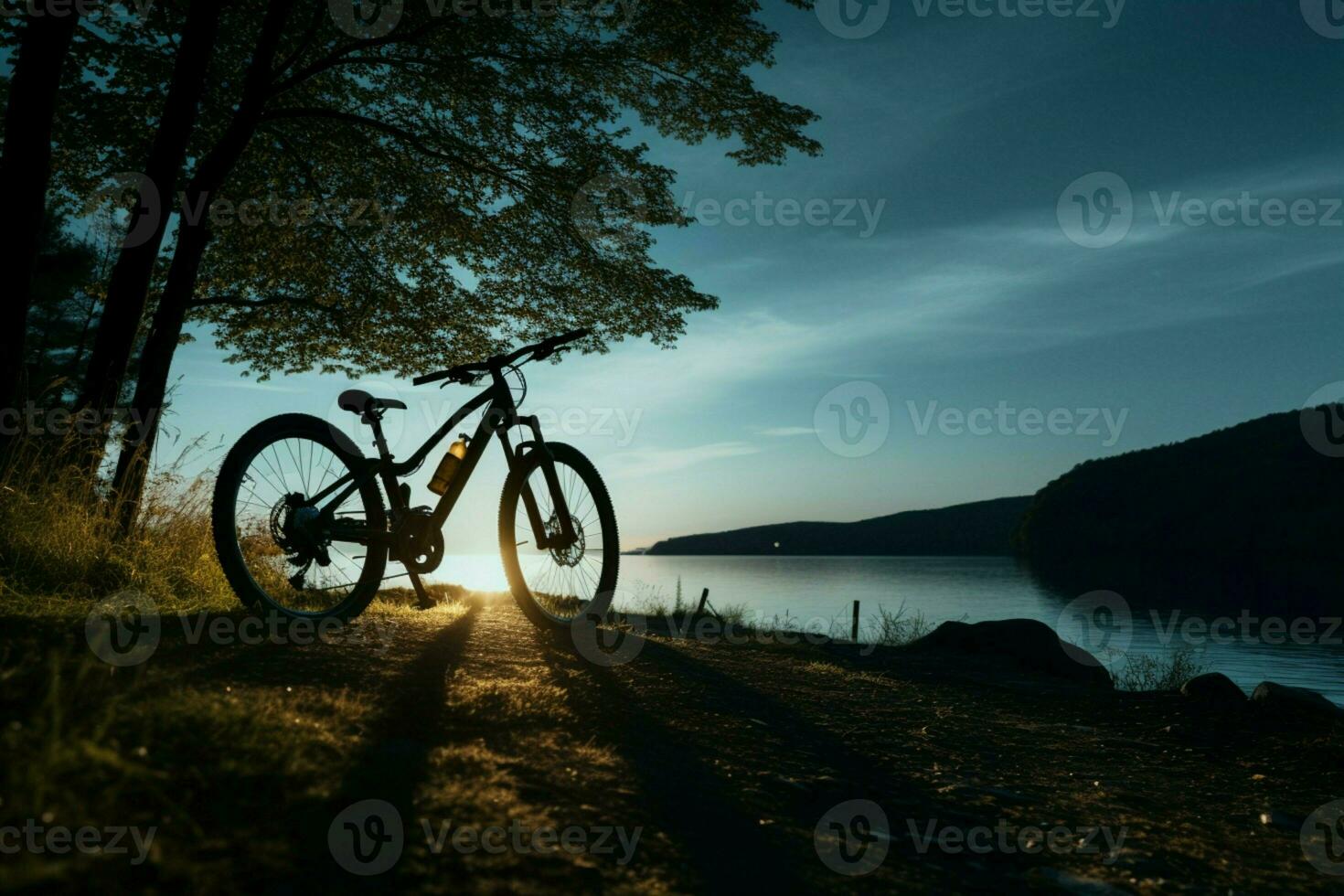 relaxant bicyclette balade sous le foncé nuit ciel, une paisible soir ai généré photo