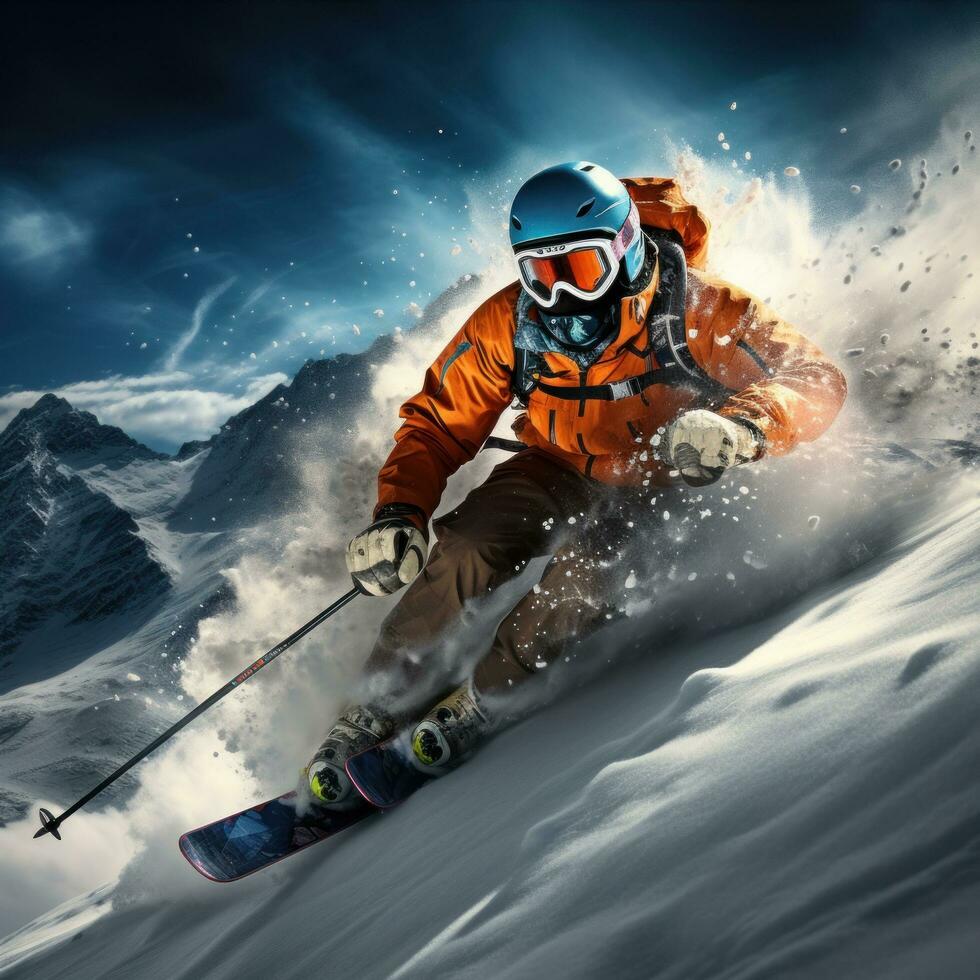 homme ski vers le bas neigeux Montagne photo
