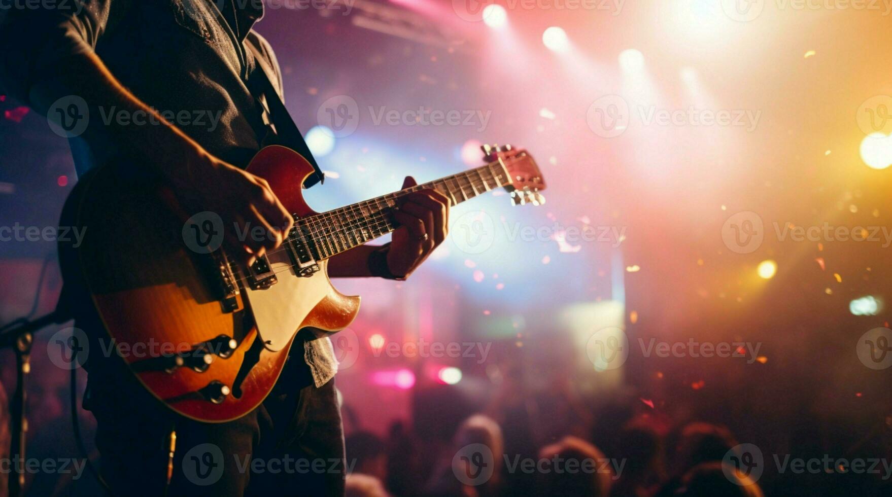 une guitariste des stands en dehors sur organiser, avec une doucement flou Contexte amplifier. ai généré photo