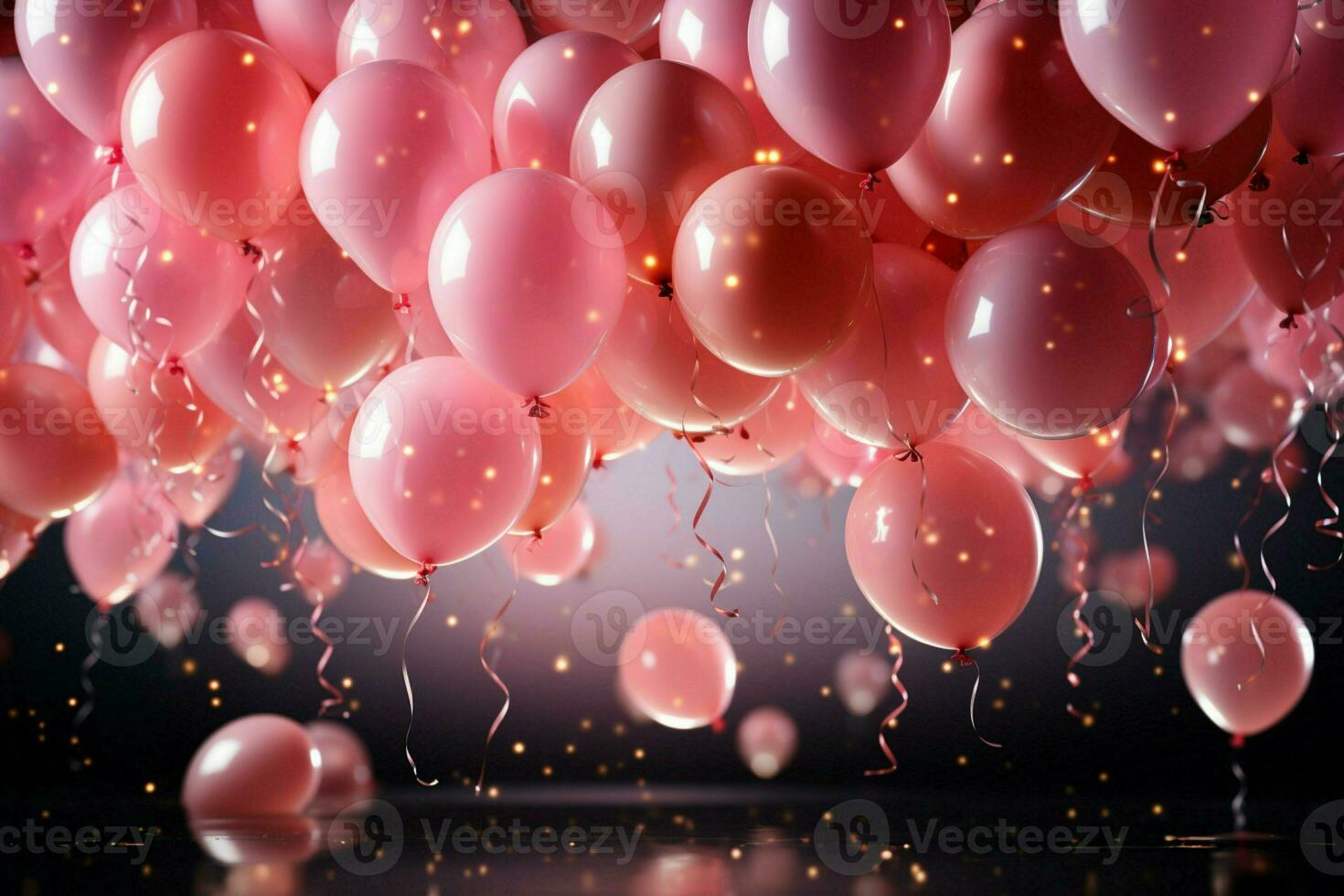 capricieux rose ballon modèle décore une animé fête en dessous de scintillement étoiles. ai généré photo