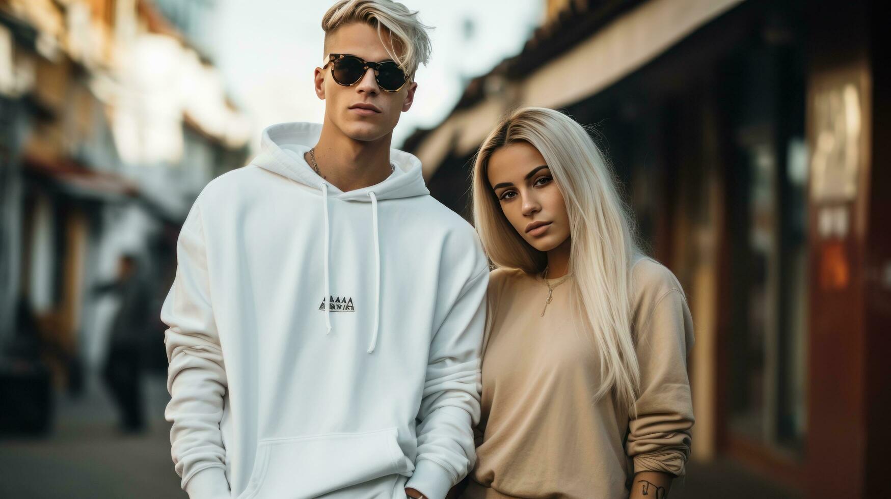 Jeune couple dans branché vêtement de rue photo