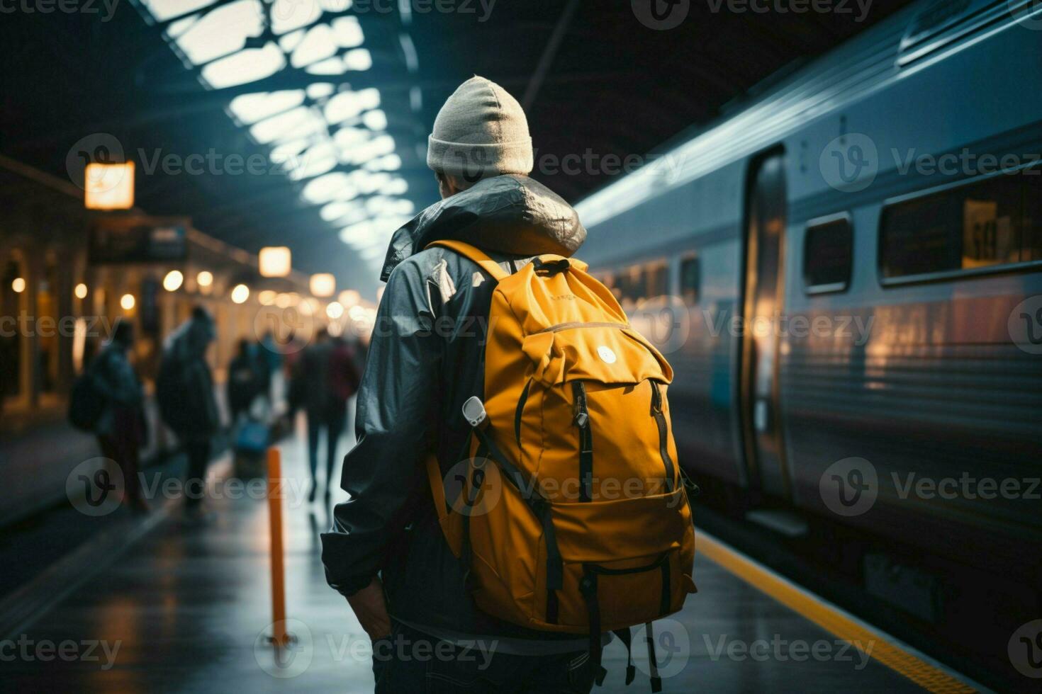 seul mais déterminé, une voyageur avec une sac à dos des promenades par le train station ai généré photo