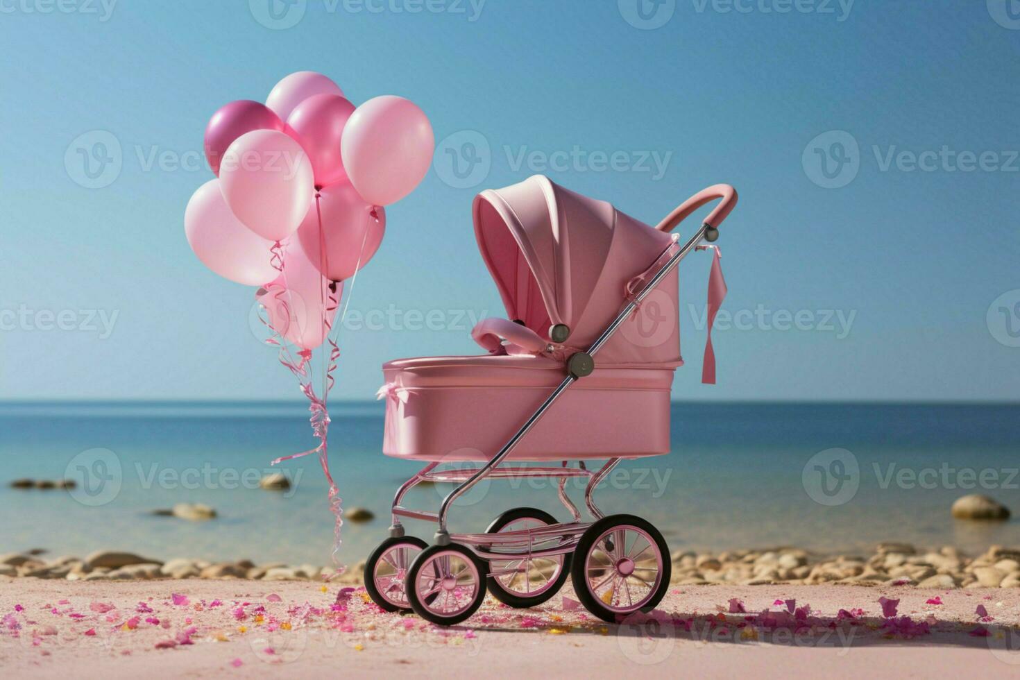 marquage le arrivée de une bébé fille avec une rose poussette sur vacances ai généré photo