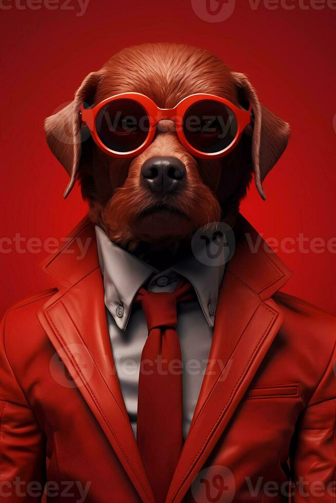 cool chien avec à la mode vêtements et portant des lunettes de soleil. Facile animal Créatif concept isolé sur coloré Contexte. photo
