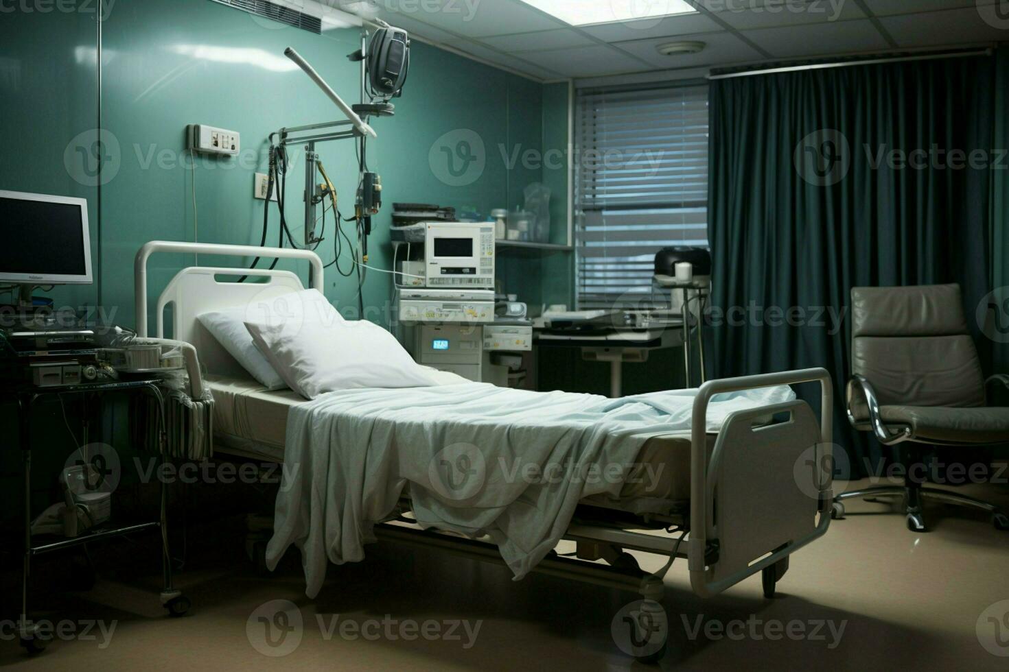 un inoccupé hôpital pièce contient une seul lit, dépourvu de Humain présence. ai généré photo