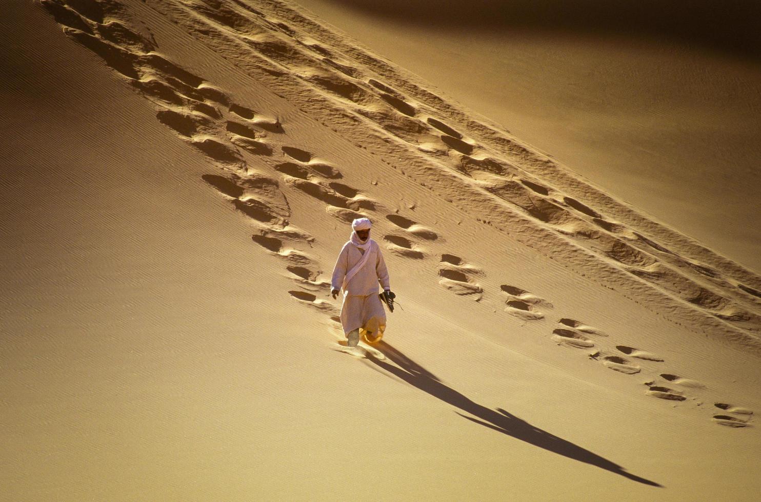 Tikobaouine, Italie 2010- touareg inconnu avec chameau marchant dans le désert du Tassili n'ajjer photo