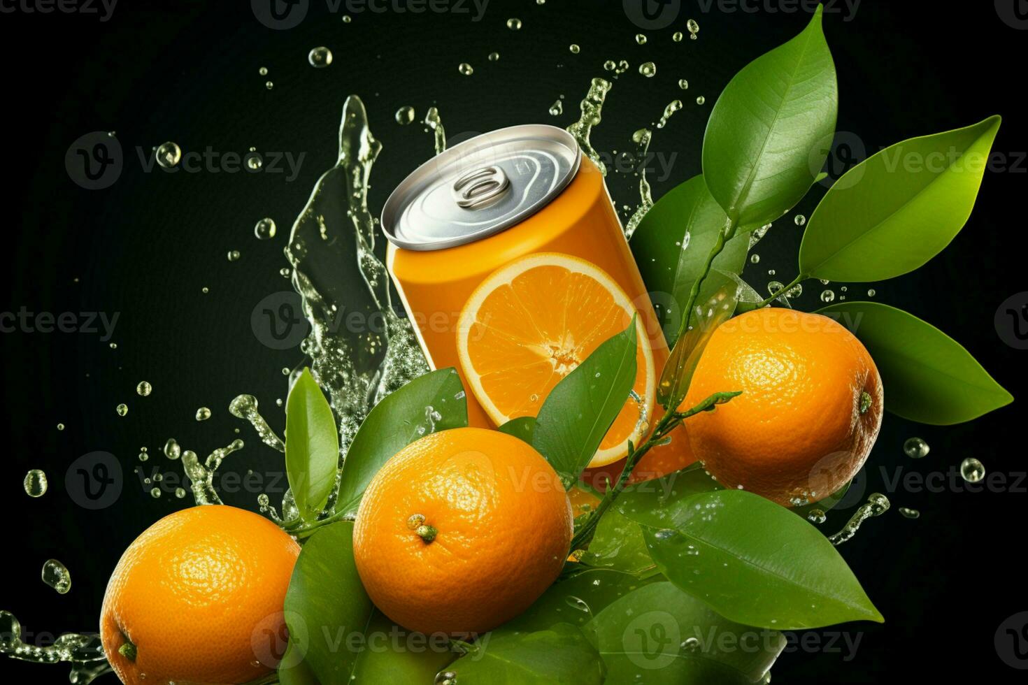 juteux des oranges, vert feuilles, et une chute aluminium un soda pouvez dans mouvement ai généré photo