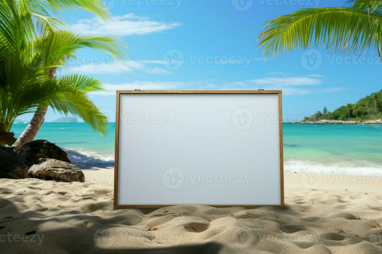 relaxation par le mer tableau blanc sur une sablonneux plage avec paume arbre toile de fond ai généré photo