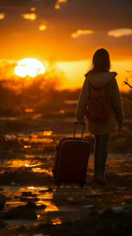 imaginatif voyage, silhouette de enfant sur valise, contre réglage Soleil verticale mobile fond d'écran ai généré photo