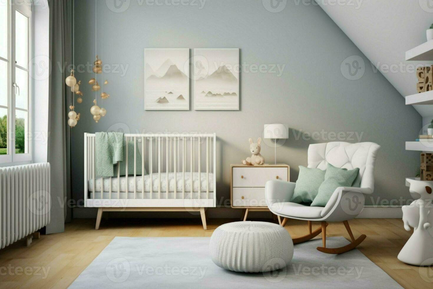 une lit de bébé ajoute charme à cette scandinave des gamins chambre avec ses intemporel conception ai généré photo