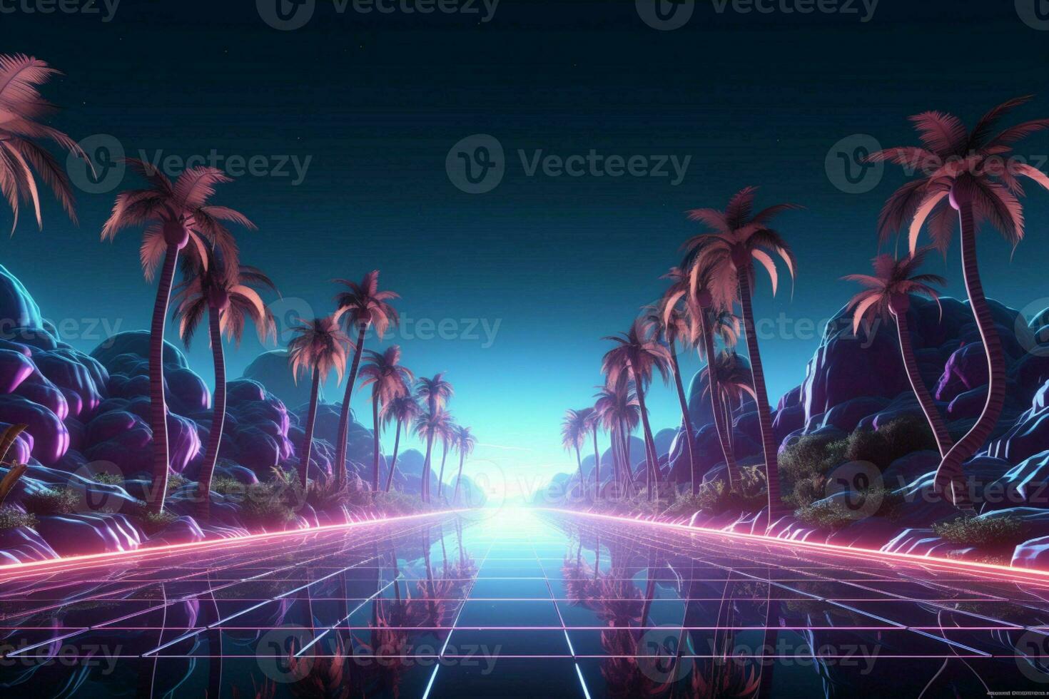 retrowave route voyage 3d filaire filet, paume des arbres, et néon paysage ai généré photo