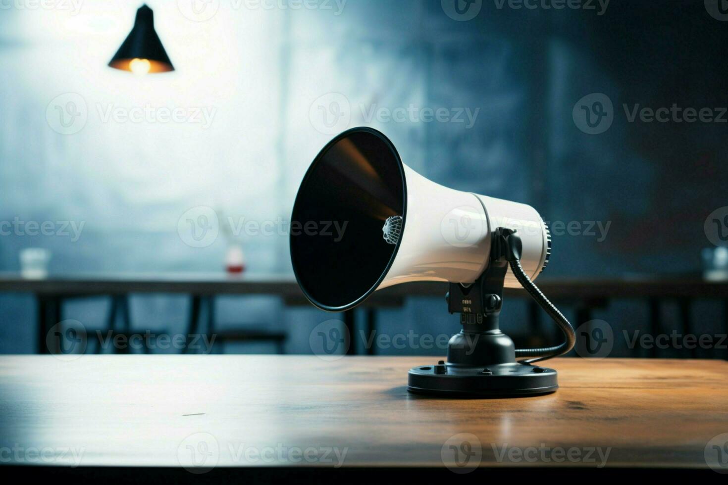 amplification essentiel mégaphone et microphone par une table avec copie espace. ai généré photo