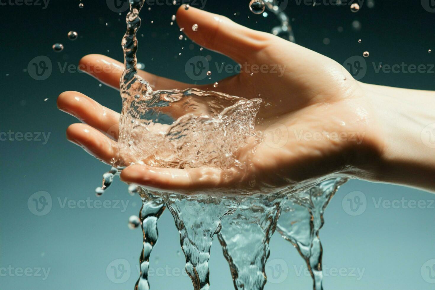 fermer de une les femmes main embrassement le rafraîchissant éclaboussure de eau, promouvoir soin de la peau ai généré photo
