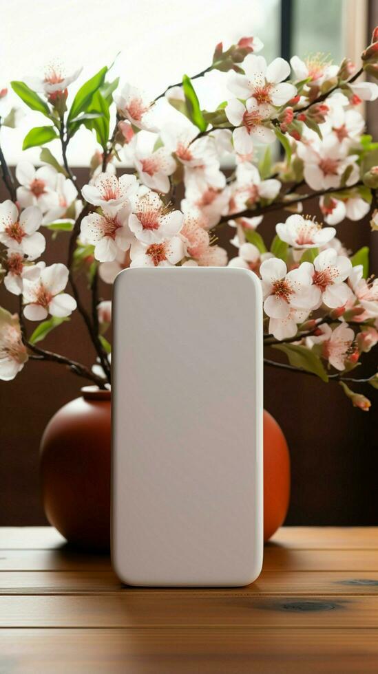 téléphone avec Vide filtrer, prêt pour votre Douane printemps décor verticale mobile fond d'écran ai généré photo