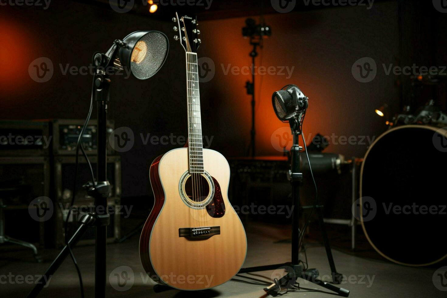 dans le enregistrement studio, un acoustique guitare attend ses temps à harmoniser. ai généré photo