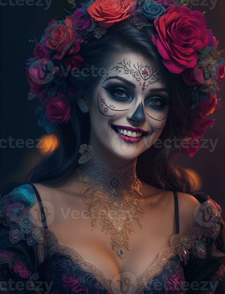 magnifique femme avec peint crâne sur sa visage pour le mexique journée de le mort, ai génératif photo