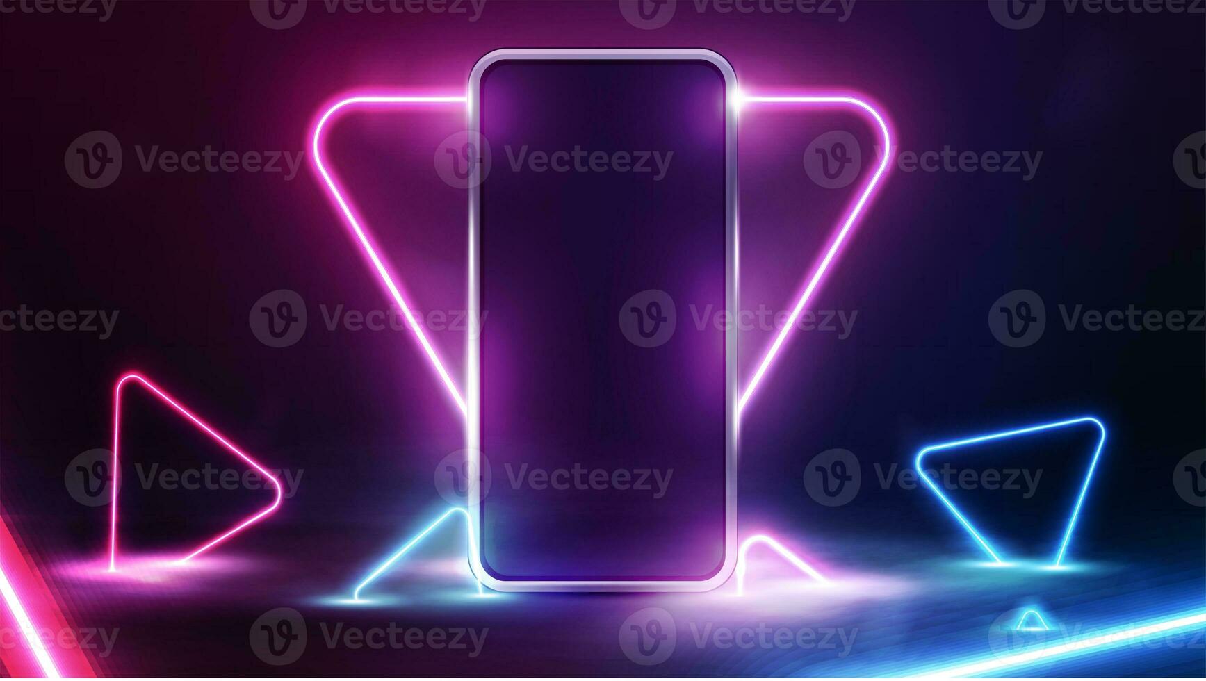 téléphone intelligent avec néon Triangle Cadre sur Contexte et bleu et rose néon Triangles sur foncé scène photo