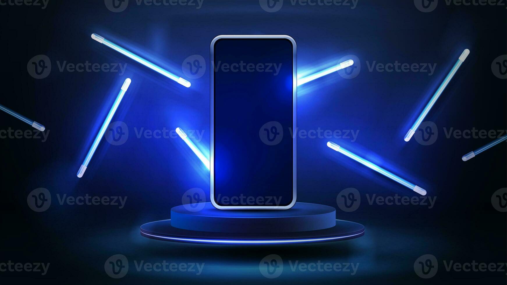 téléphone intelligent sur rond foncé podium avec ligne Aléatoire en volant les lampes autour, 3d réaliste vecteur illustration. bleu et foncé numérique scène avec téléphone maquette photo