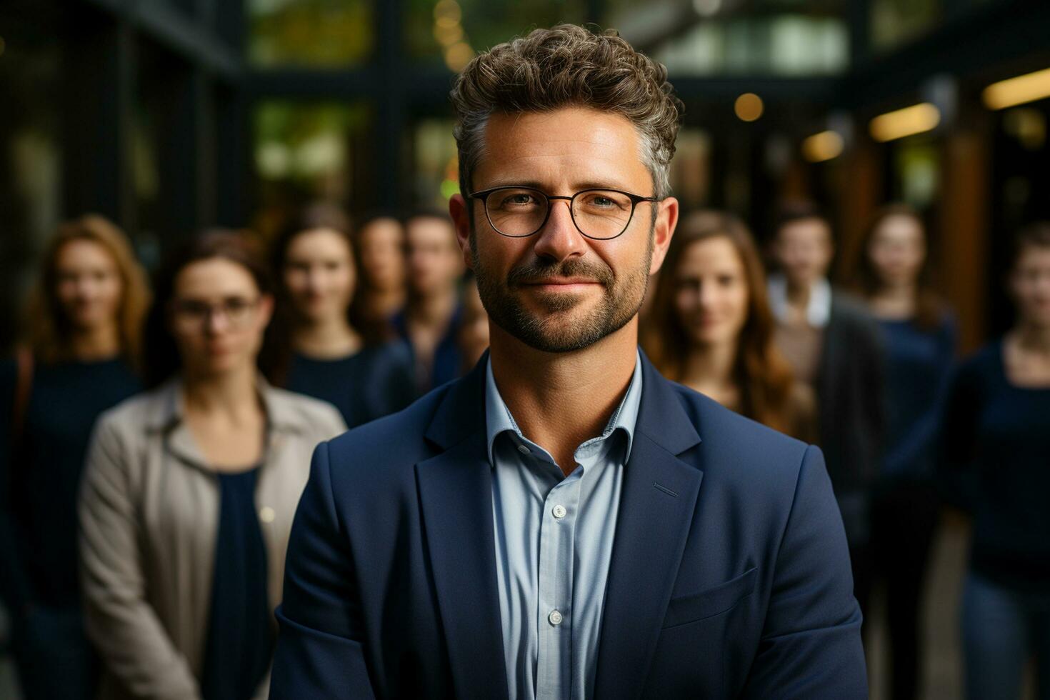 ai génératif groupe de content affaires homme et affaires femmes, habillé dans costume sont souriant, dans le Bureau photo