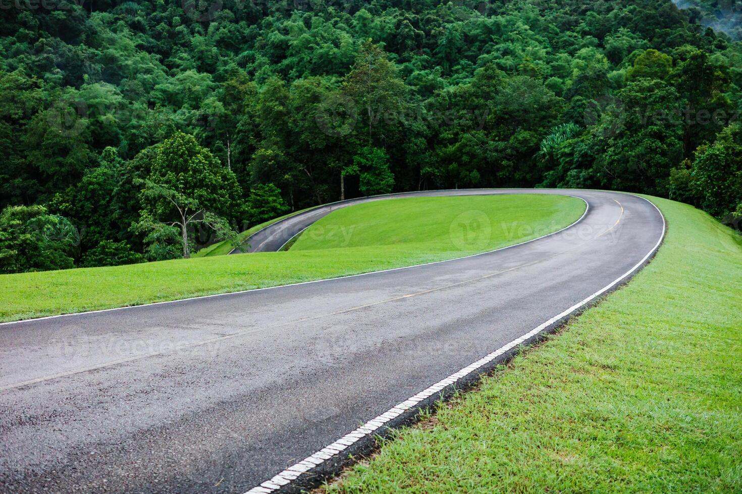 local incurvé route sur colline pente à l'intérieur tropical forêt tropicale. photo