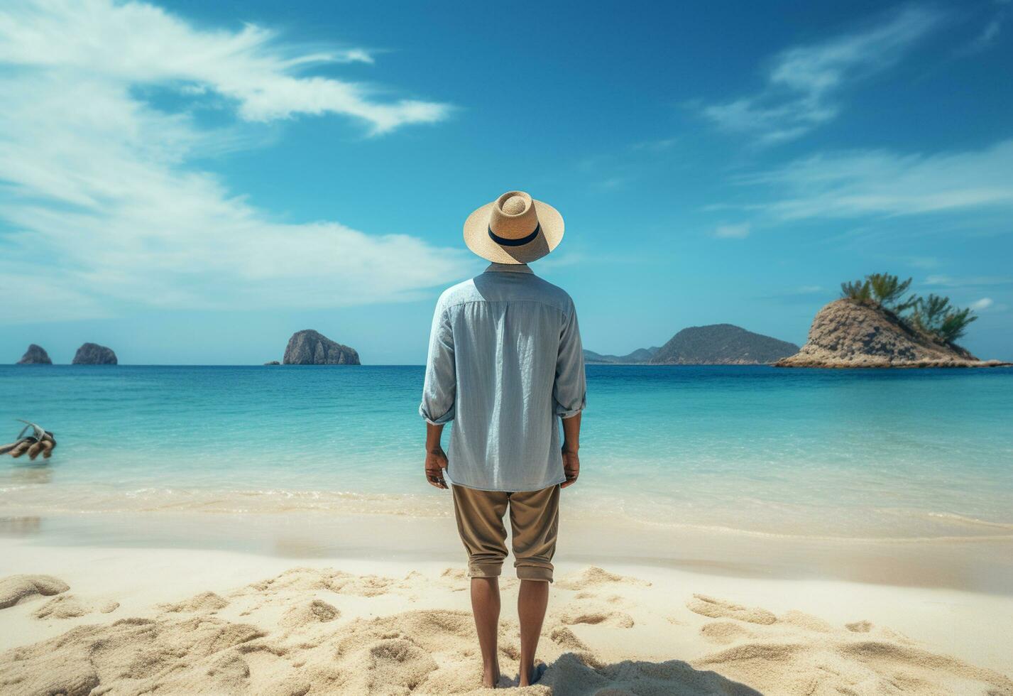 ai génératif retour vue Jeune touristique homme dans été robe et chapeau permanent sur magnifique sablonneux plage. profiter. photo