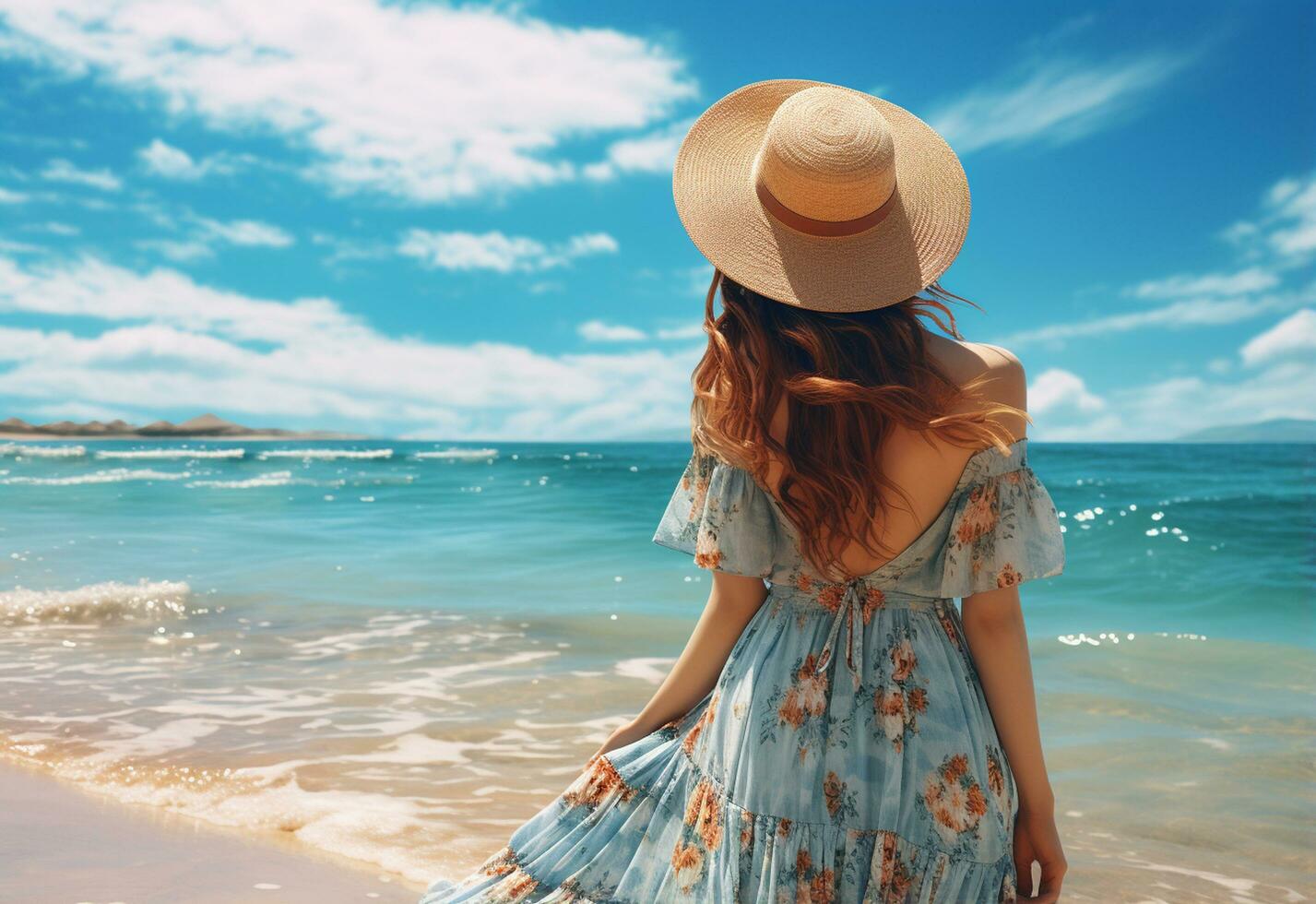 ai génératif Jeune touristique femme dans été robe et chapeau permanent sur magnifique sablonneux plage. mignonne fille profiter photo