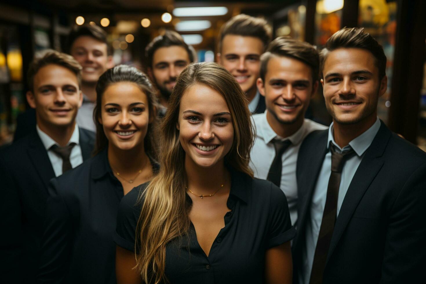 ai génératif groupe de content affaires homme et affaires femmes, habillé dans costume sont souriant, dans le Bureau photo