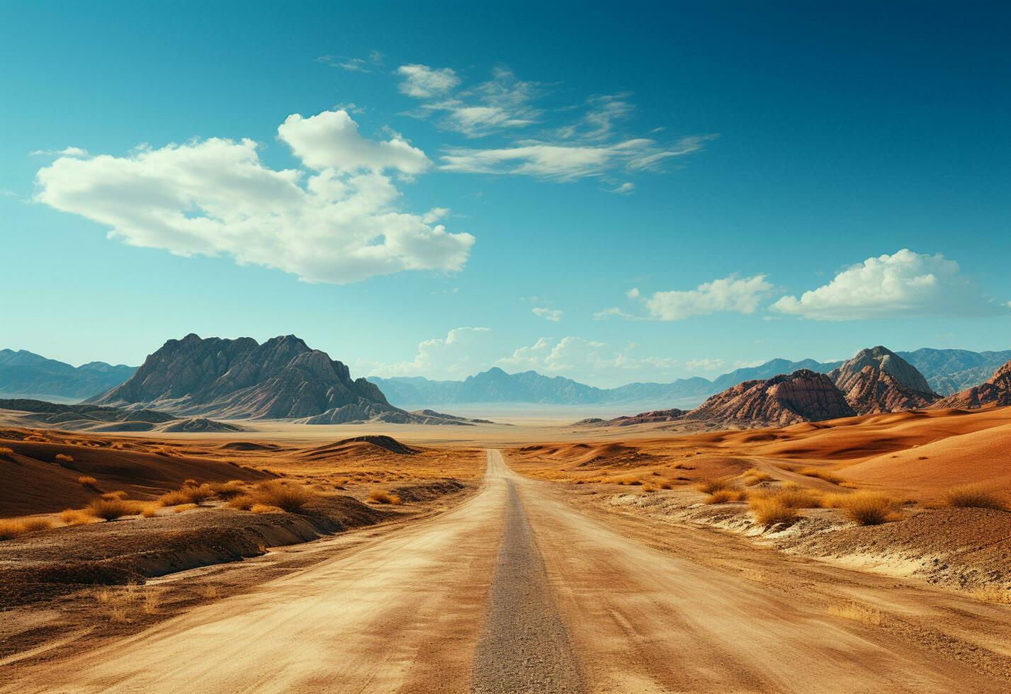 ai génératif photo route clair ciel désert montagnes paysage réaliste image, ultra HD, haute conception très détaillé