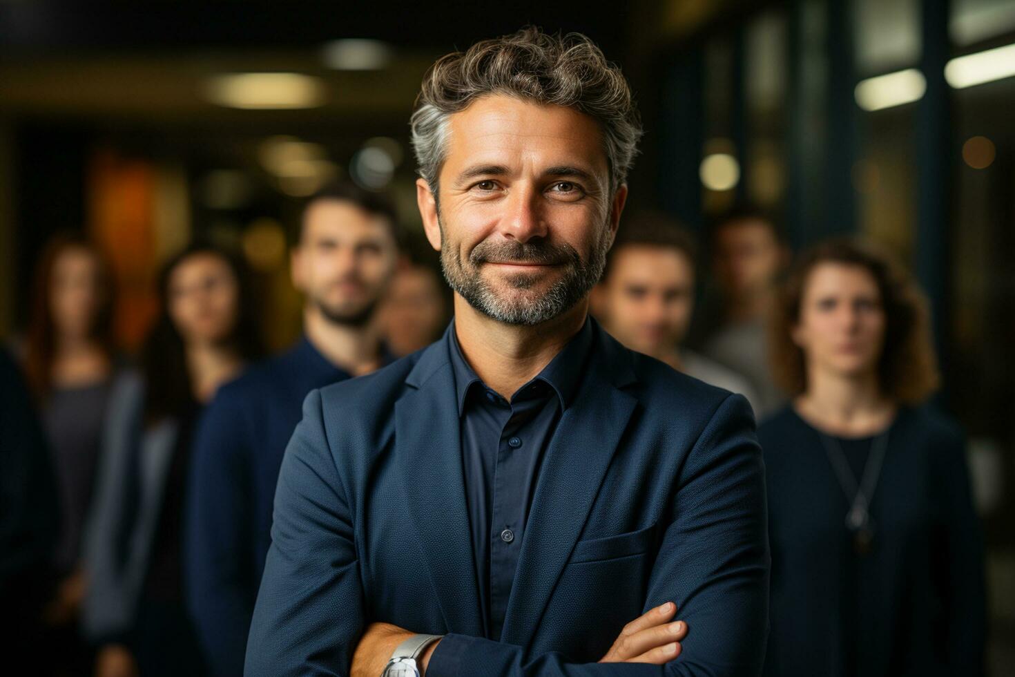 ai génératif groupe de content affaires homme et affaires femmes, habillé dans costume sont souriant, dans le Bureau photo