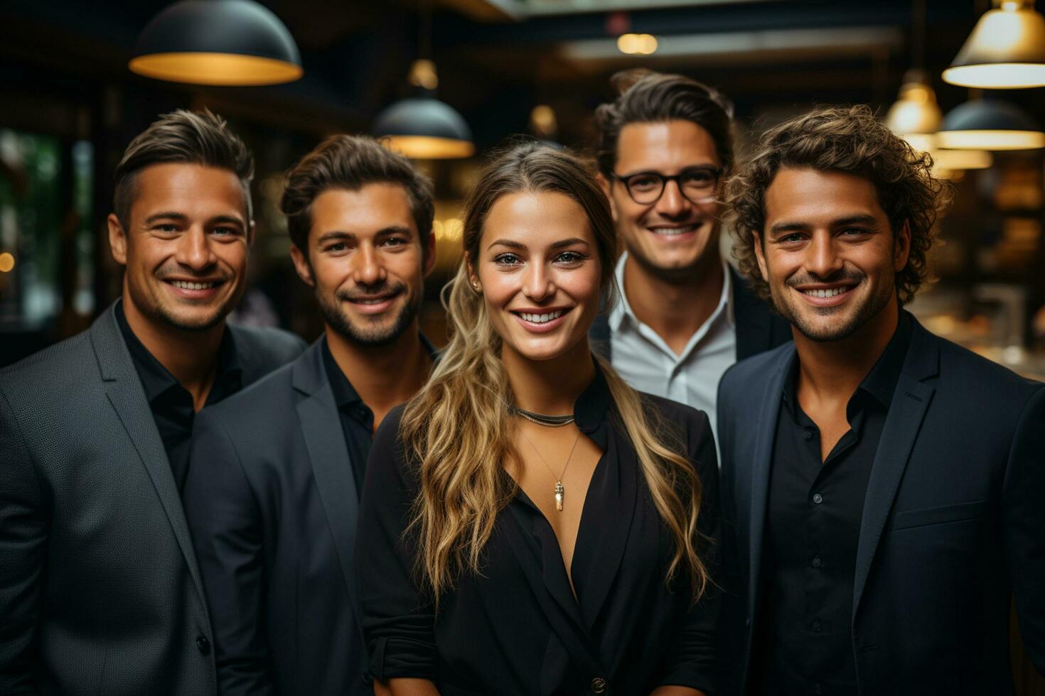 ai génératif groupe de content affaires homme et affaires femmes, habillé dans costume sont souriant, dans le Bureau photo