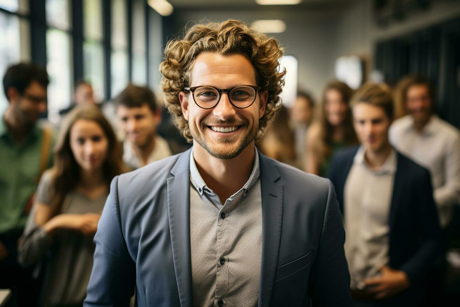 ai génératif groupe de content affaires homme et affaires femmes, habillé dans costume sont souriant, dans le Bureau photo