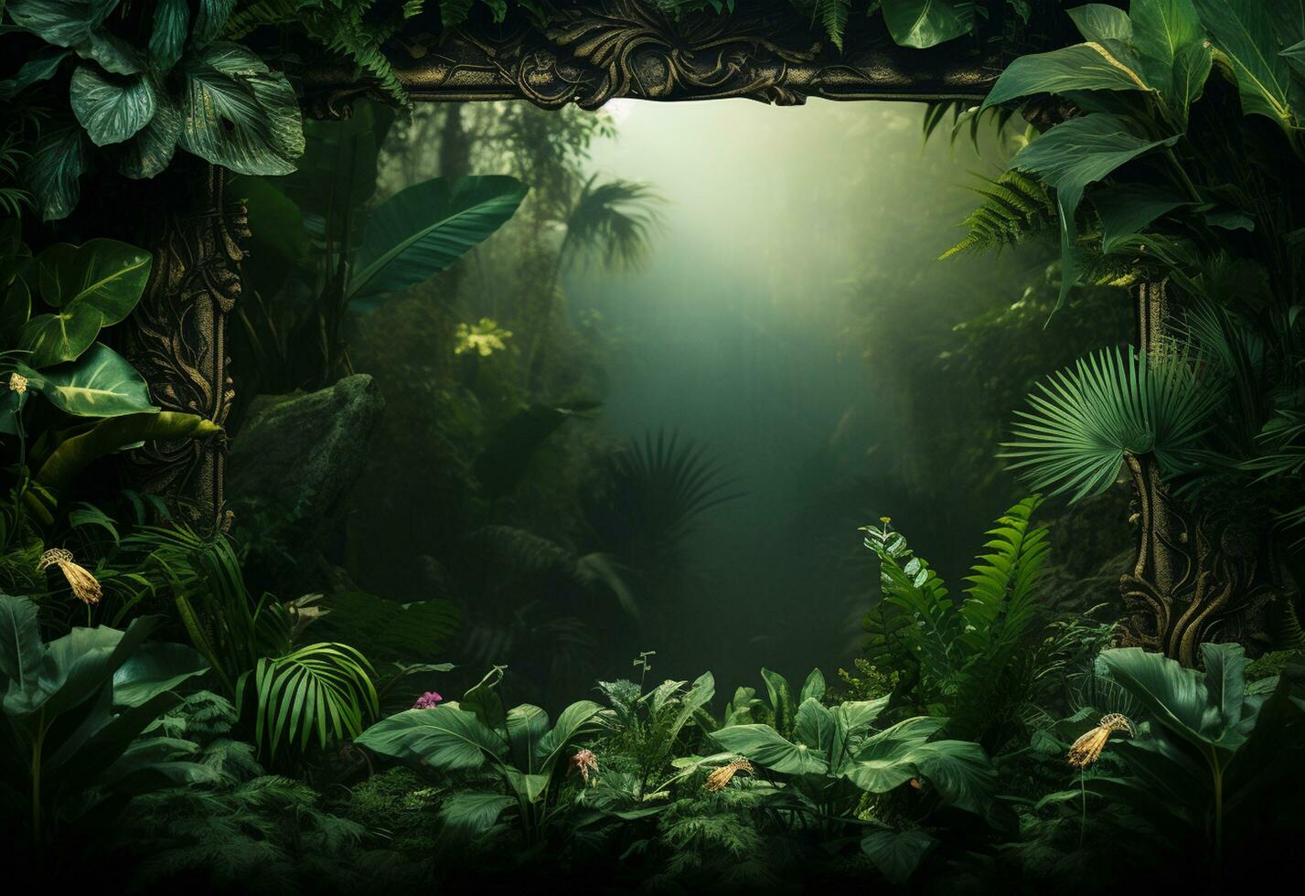 ai génératif magnifique jungle Contexte avec frontière fabriqué de tropical feuilles toile de fond avec copie espace photo