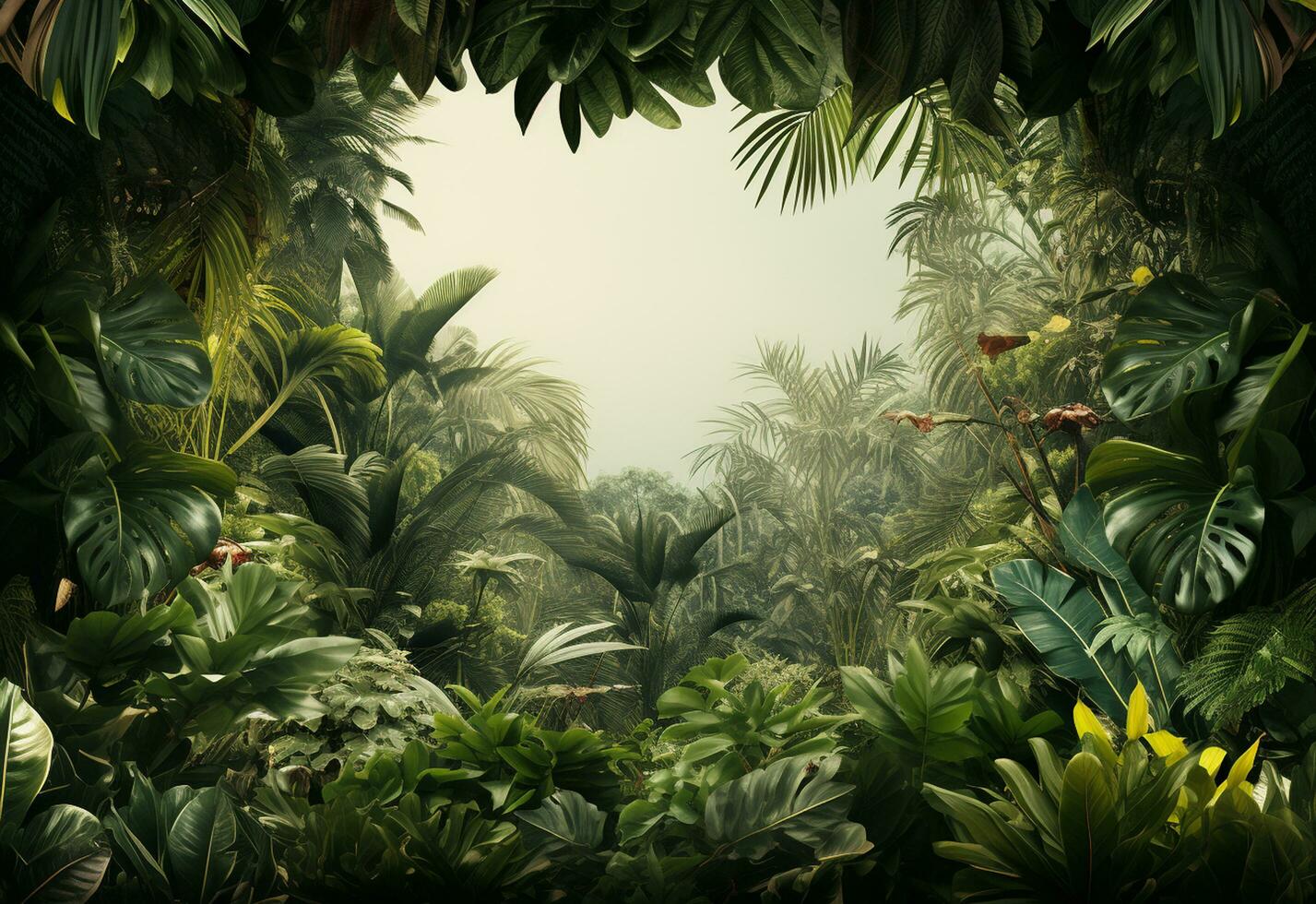 magnifique jungle Contexte avec frontière fabriqué de tropical feuilles toile de fond avec copie espace photo