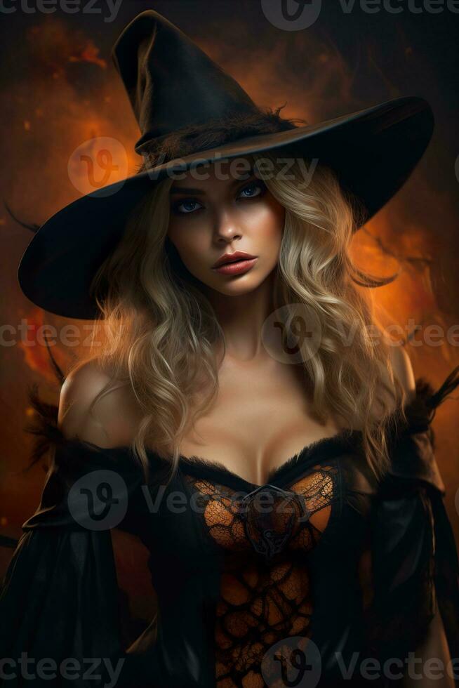 magnifique sorcière portrait. proche uo voir. content Halloween. jeune, mystique femme. tour ou traiter. verticale photo. génératif ai. photo