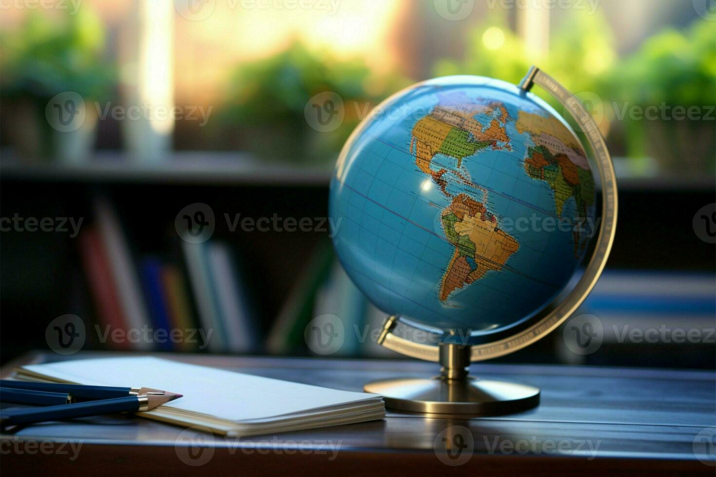 une petit bureau arrangement, bleu globe jumelé avec une stylo ai généré photo