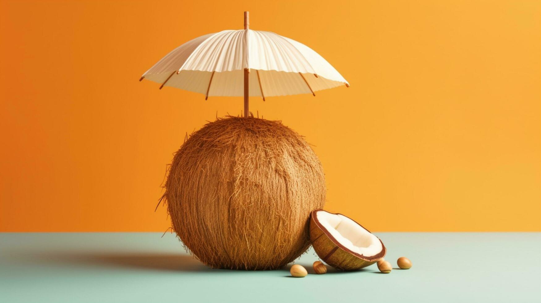 une noix de coco avec un parapluie sur Haut de il , génératif ai photo