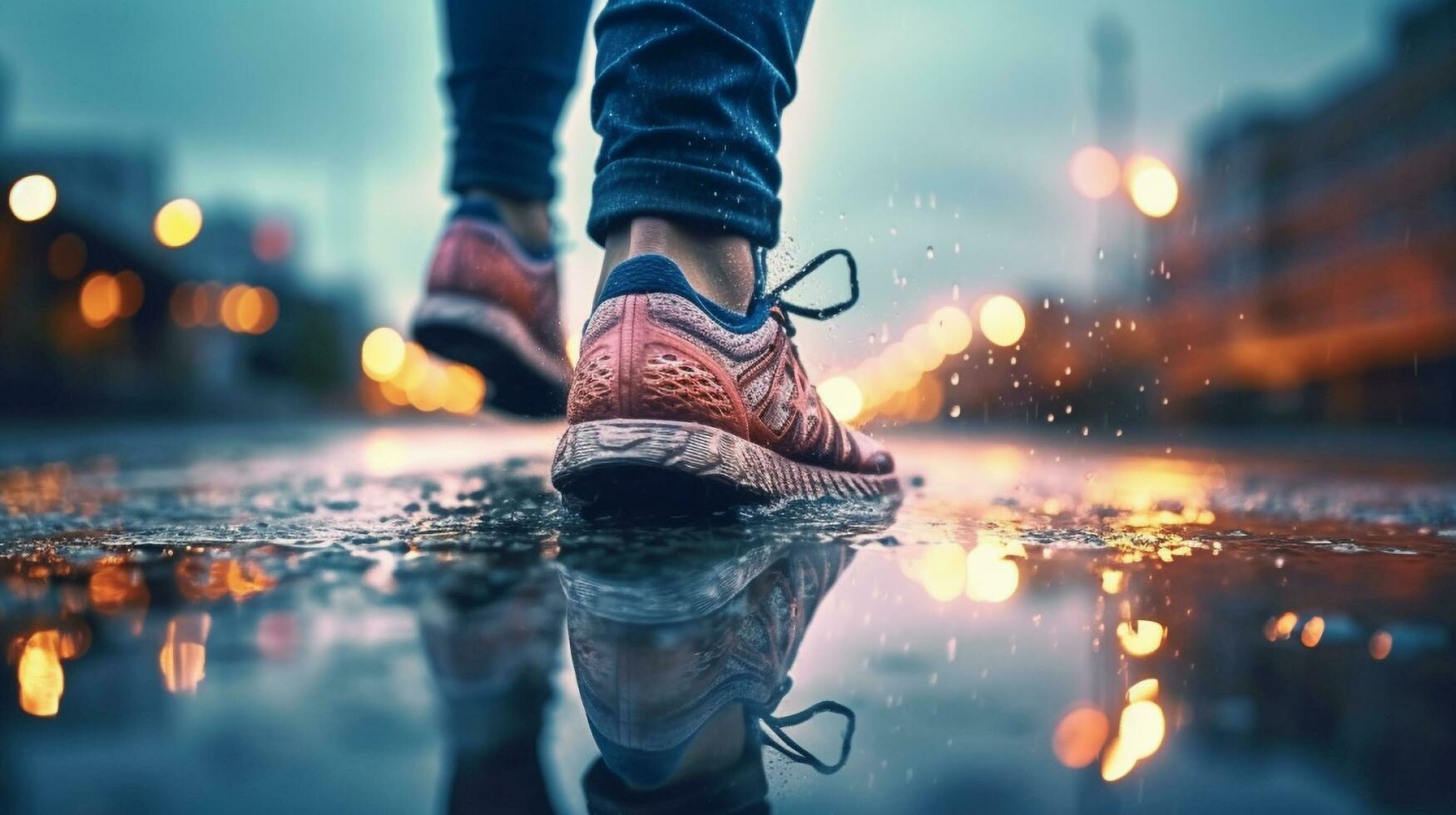 une la personne en marchant dans le pluie sur une ville rue, génératif ai photo