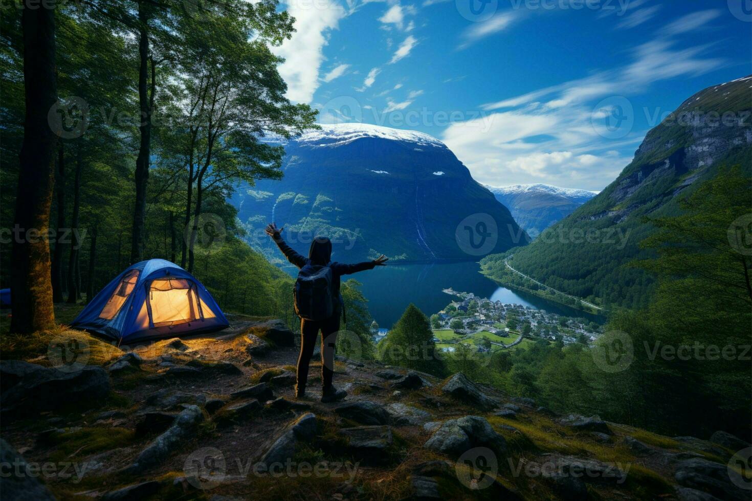 ai généré tente camping dans le les bois sur Haut de une en bois  plate-forme 35845479 Photo de stock chez Vecteezy