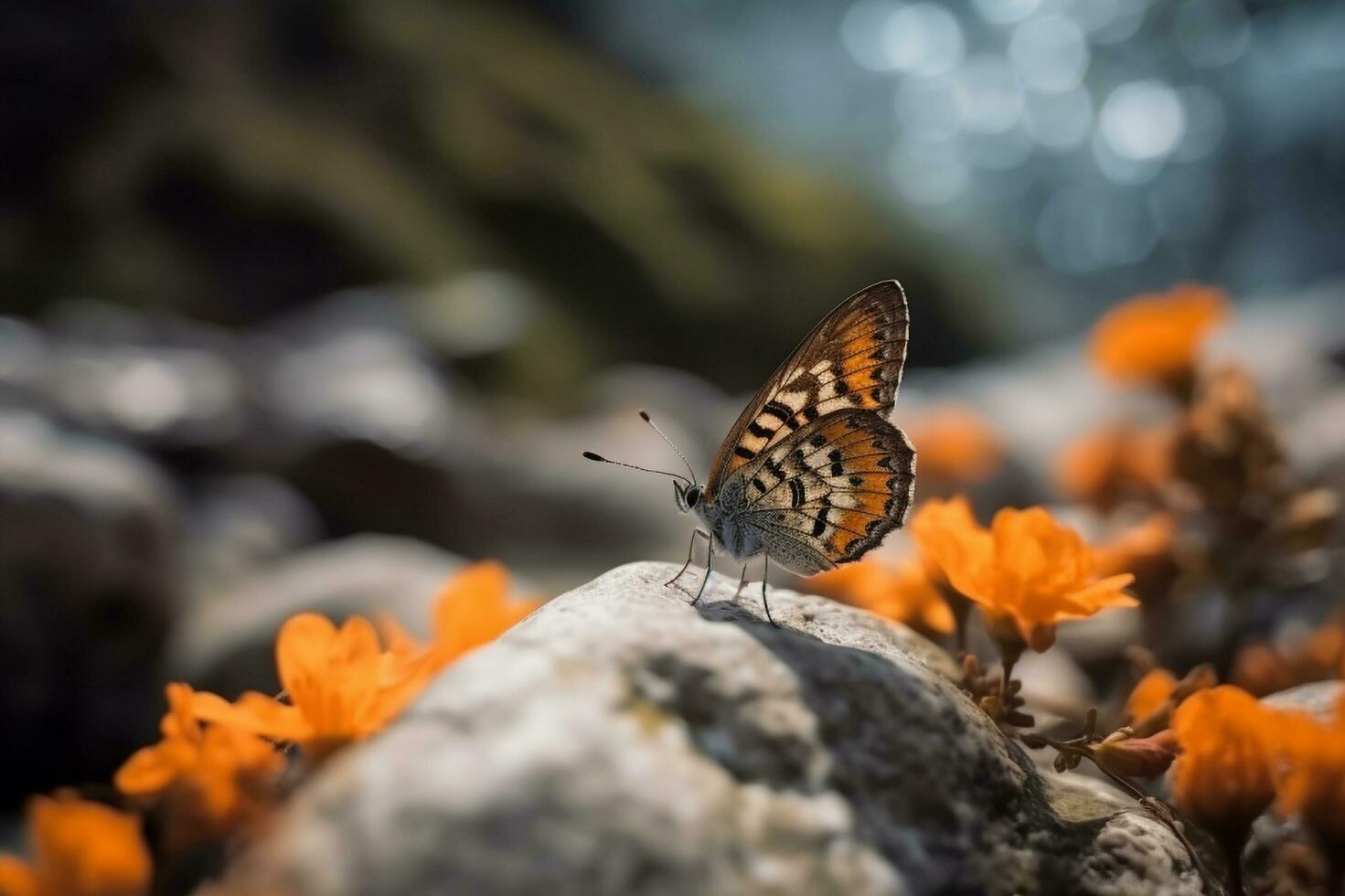 une papillon séance sur Haut de une Roche suivant à fleurs , génératif ai photo