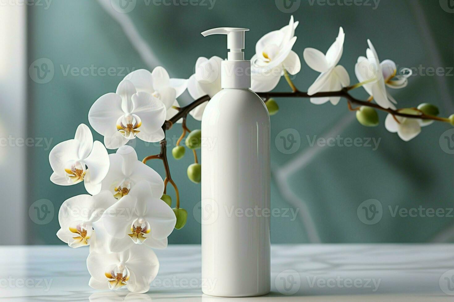 lotion bouteille et blanc orchidée créer une apaisant, élégant appairage ai généré photo