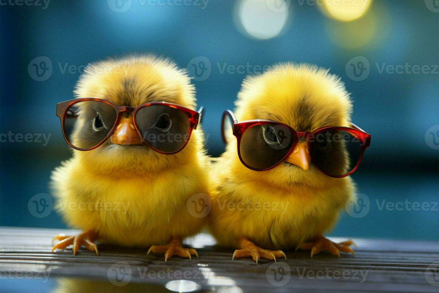 adorable ferme résident, une bébé oiseau dans miniature des lunettes de soleil, diffusion acclamation ai généré photo