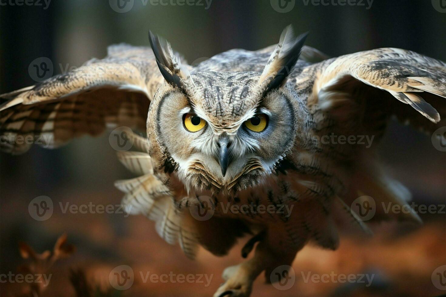 magnifique hibou dans vol, tendu ailes, un enchanteur, proche rencontre ai généré photo