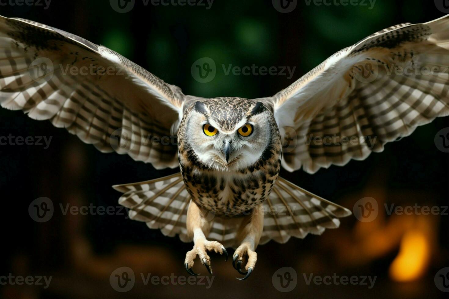 majestueux hibou monte en flèche, ailes tendu, une Stupéfiant aérien ballet ai généré photo