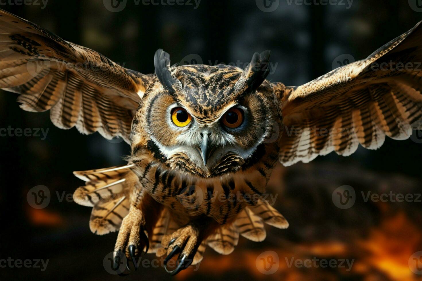 splendide hibou monte en flèche haut, ailes pleinement tendu, une captivant vue ai généré photo