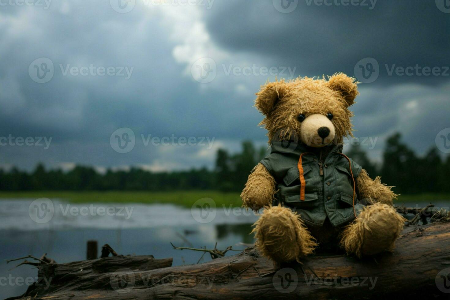 solennel ancien ours poupée, évoquant Profond solitude dans foncé tons ai généré photo