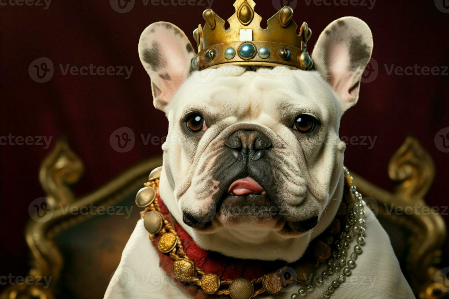 royal toucher sur mignonne blanc bouledogue avec or couronne, rouge velours ai généré photo
